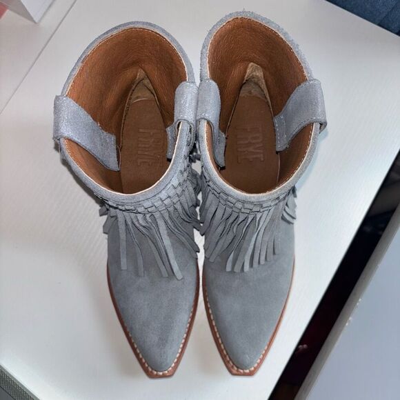 Frye Sacha Short Fringe Bootie suede leather steel Blue 6.5 - Picture 12 of 13